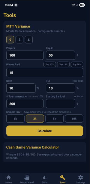 Tools: MTT Monte Carlo ja Cash Game Variance Calculator (Sample Size 1k–10k)